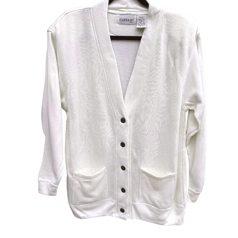 Carreau Sport Vintage 90s Womens White Oversized Shoulder Pads Button Cardigan S Boat Neck Shawl Collar Notched Collar