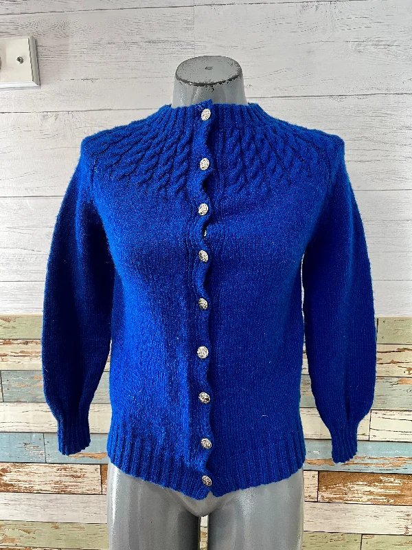 70’s Royal Blue Knit Cardigan Mesh Blend Leather Blend Suede Blend