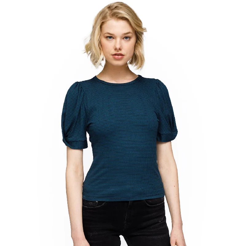 Women's Gathered Short Sleeve Stripe Knit Top Round Neck Knit Blouse