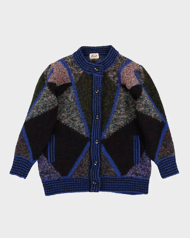 1980s Patterned Chunky Wool Blend Knitted Cardigan - M Solid Print Embellished