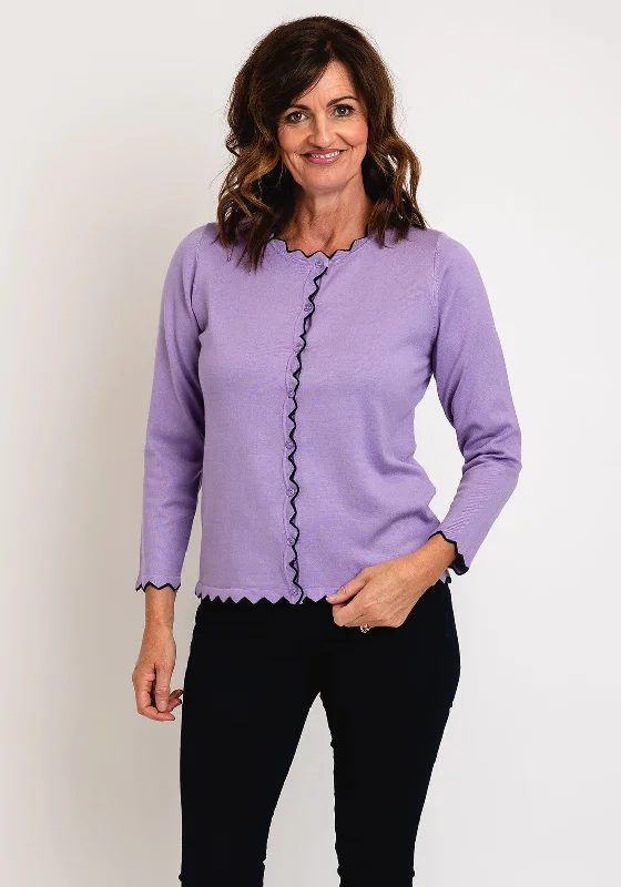 Micha Scallop Trim Cardigan, Lilac Boxy Cardigan Fitted Cardigan A-Line Boxy Cardigan Fitted Cardigan A-Line