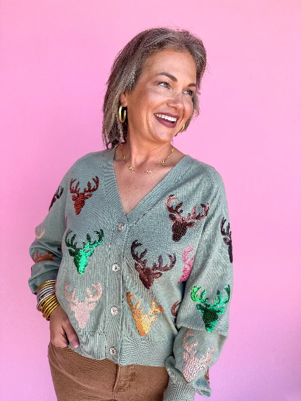 QUEEN OF SPARKLES | Mint Scattered Deer Cardigan Seamless Knitted Crochet