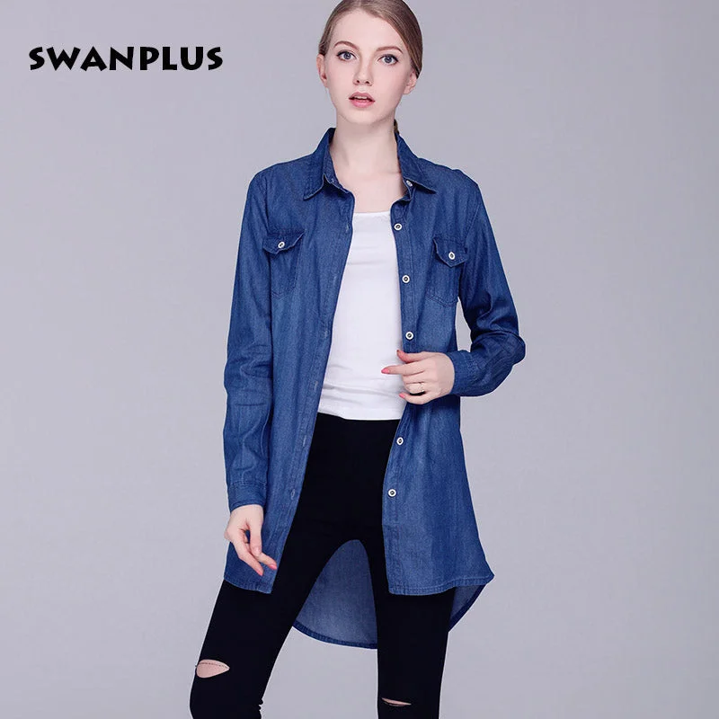 Womens Denim Shirts Blue Color 2018 New Fashion Ladies Blouses Cardigans Lapel Neck Long Sleeve Female Casual Cowgirl Long Tops Spandex Blend Rayon Blend Denim Blend