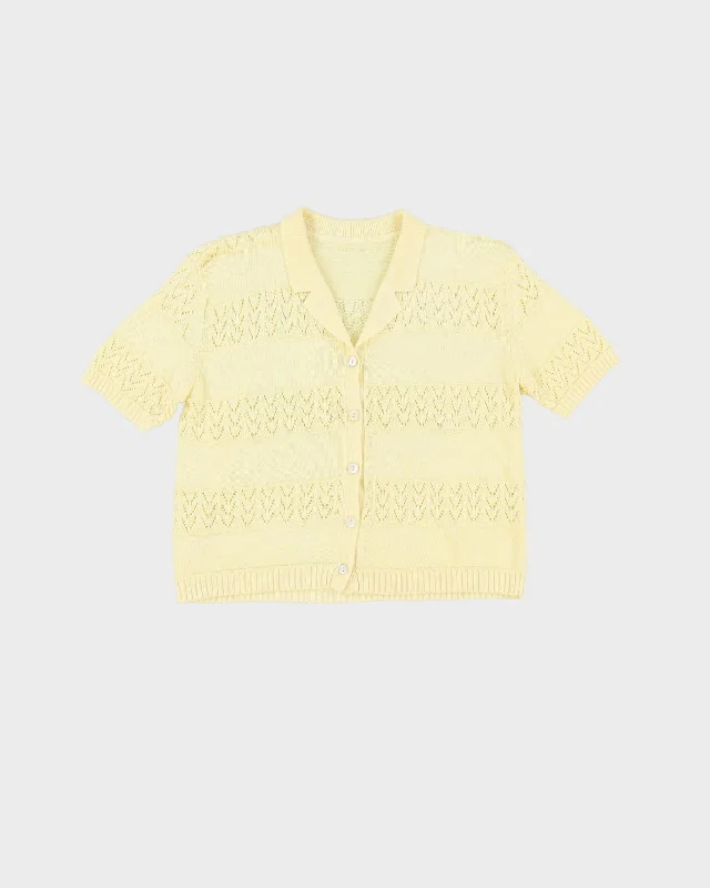 Vintage 1980s Yellow Short Sleeve Knitted Cardigan - S Glossy Satin Silk