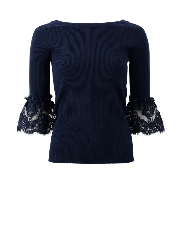 Lace Cuff Knit Top High Neck Knit Top
