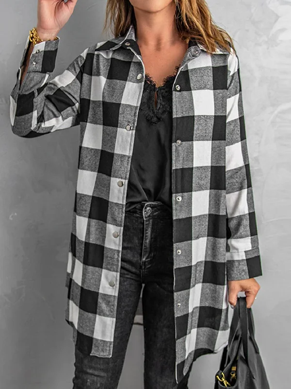 Plaid Snap Down Long Sleeve Jacket One-Shoulder Jacket Off-the-Shoulder Jacket Asymmetrical Jacket