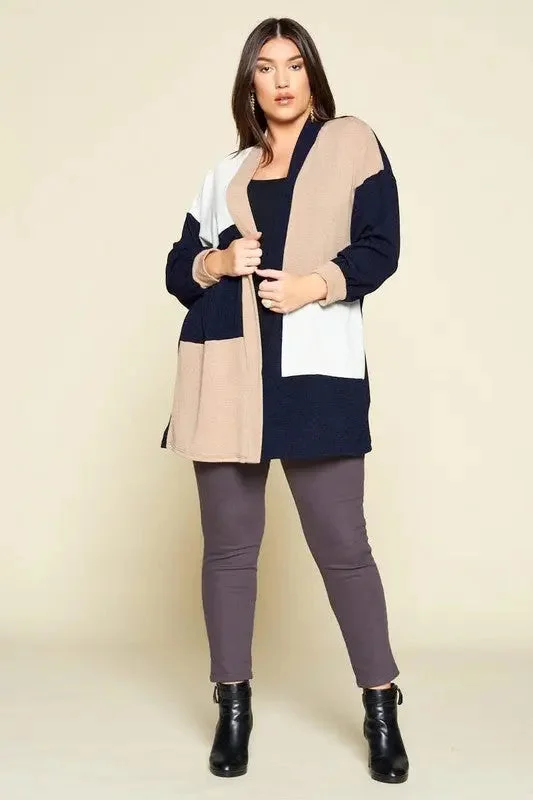 Color Block Curvy Girl Cardigan Zippered Buttoned Snapped