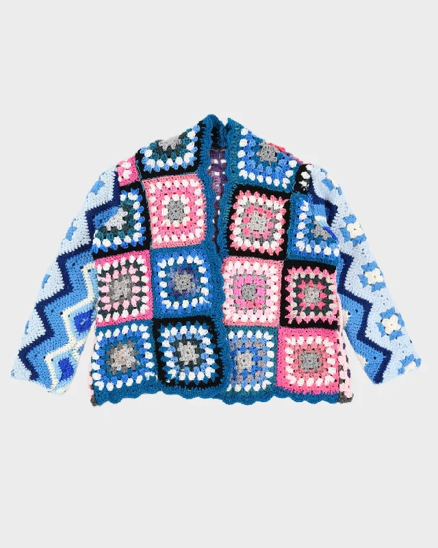 Vintage 1980s Quit Knitted Pink Blue and White Cardigan - L Fleece Cardigan Nylon Polyester