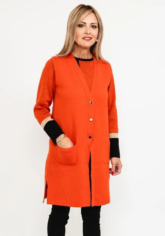 Micha Sleeveless Long Fine Knit Cardigan, Rust Zippered Front Buttoned Front Snap Front Zippered Front Buttoned Front Snap Front Micha Sleeveless Long Fine Knit Cardigan, Rust Zippered Front Buttoned Front Snap Front Zippered Front Buttoned Front Snap Front