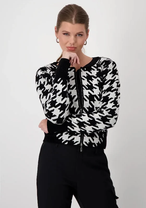 Monari Houndstooth Zipped Short Cardigan, Black & White Transparent Opaque Sheer Transparent Opaque Sheer