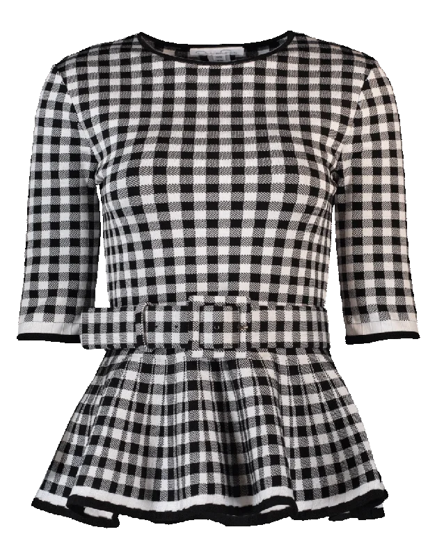 Peplum Gingham Knit Top Geometric Knit Tee