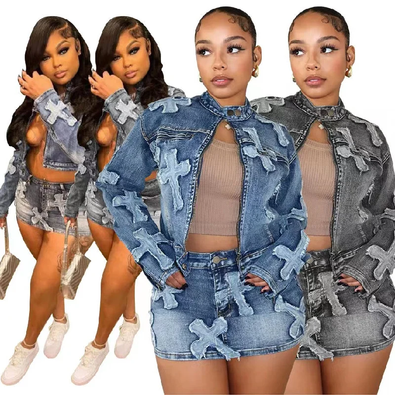 Cross denim embroidered skirt jacket set(CL12080)Need to wait  ！！ Notch Collar Peter Pan Collar Cowl Neck Notch Collar Peter Pan Collar Cowl Neck