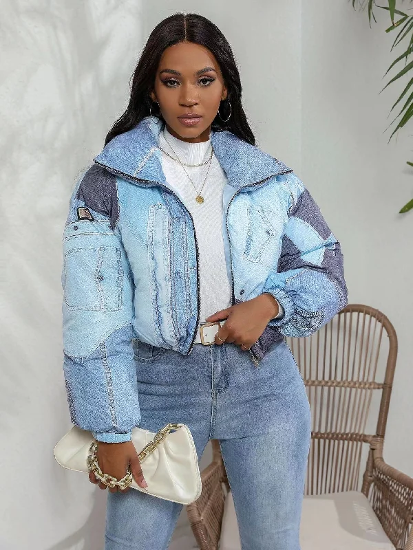 Women's jacket denim print padded jacket（CL12073） Faux Fur Fabric Real Fur Fabric Shearling Fabric Faux Fur Fabric Real Fur Fabric Shearling Fabric