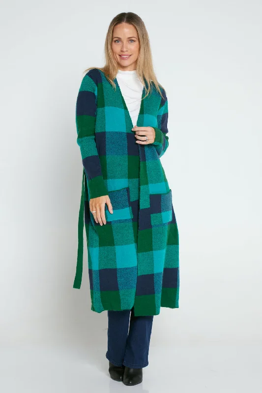 Swift Cardigan - Green/Blue Check Glossy Satin Silk