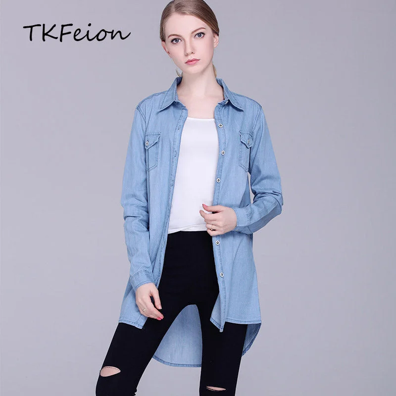 Womens Denim Shirts Blue Color 2018 New Fashion Ladies Long Blouses Cardigans Lapel Neck Long Sleeve Female Casual Cowgirl Tops Terry Blend Velvet Blend Canvas Blend