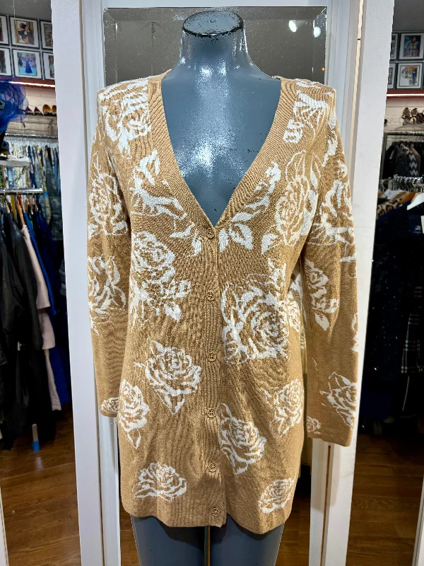 90’s Beige And Off White Flower Print Cardigan Solid Print Embellished