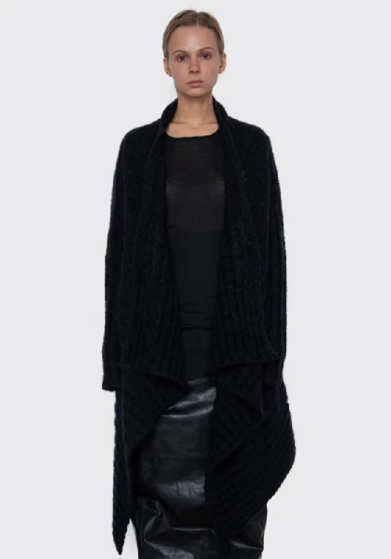 RICK OWENS RO02B6642 WM MEDIUM KNIT WRAP CARDIGAN BLACK Elasticated Padded Insulated