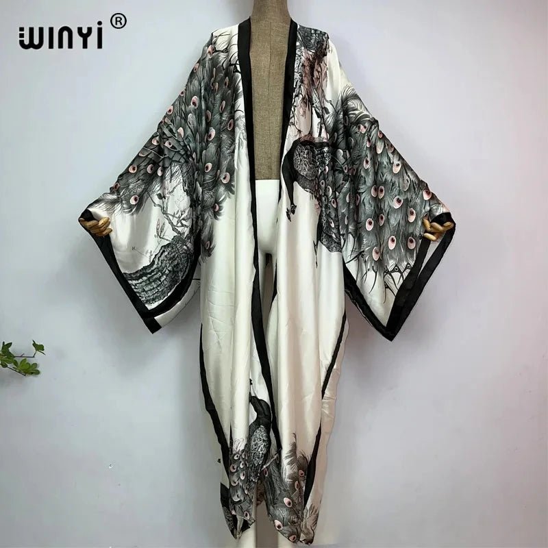 Summer Classic Peacock Print African Women Cardigan – Sexy Boho Maxi Long Sleeve Kaftan Dress Open Front Closed Front Wrap Front