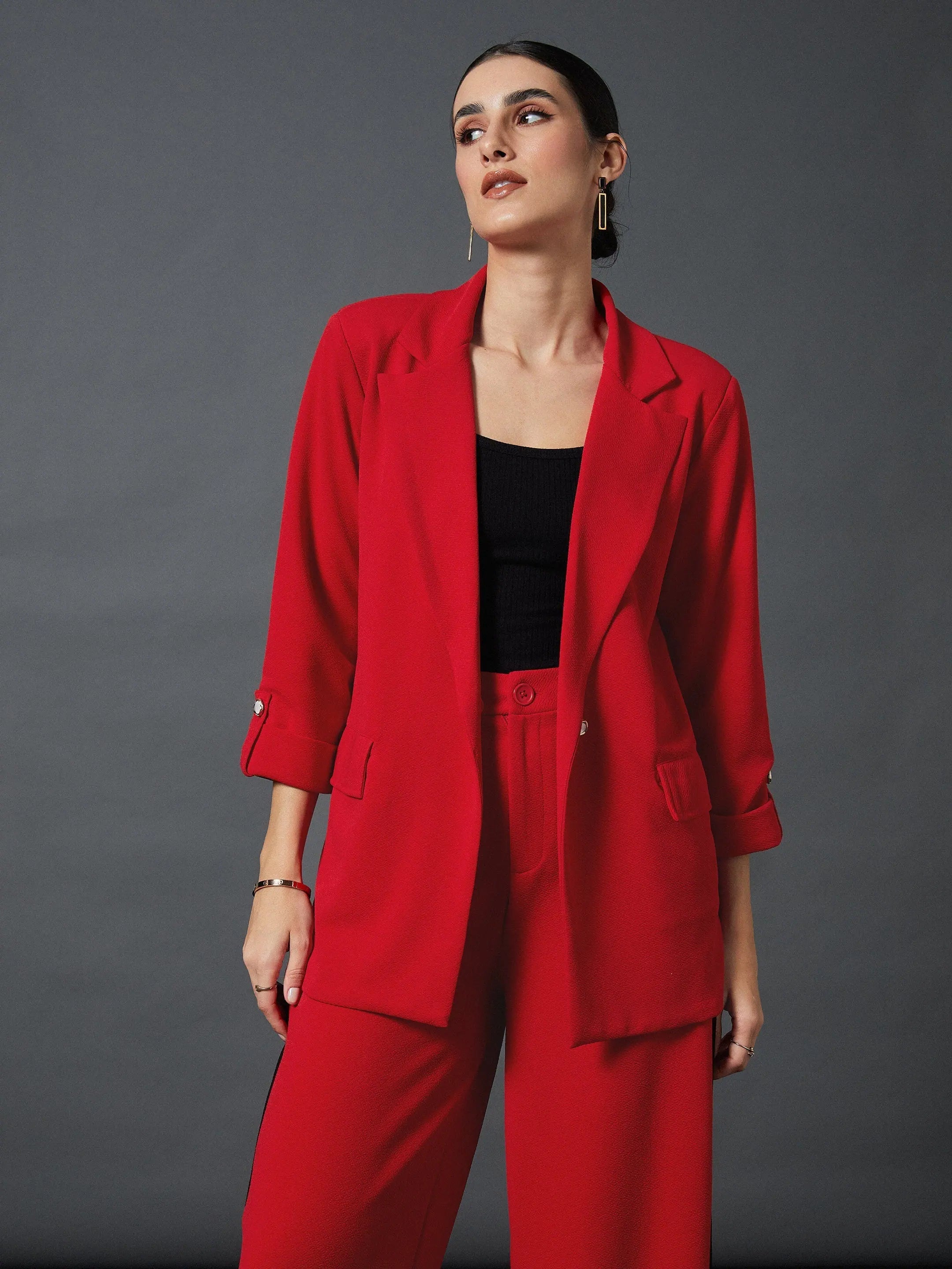 Women Red Front Button Blazer Women's Trench Blazer
