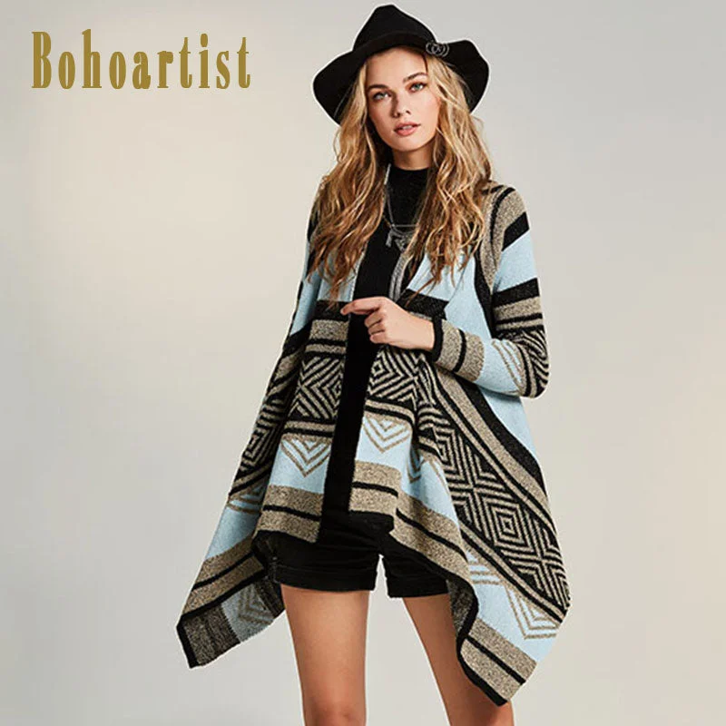 Bohoartist Women Knitwear Cape Gray Blue Stripe Patchwork Cardigan Bohemia Fashion Clothing New Ladies Elegant Loose Boho Capes Elasticated Padded Insulated