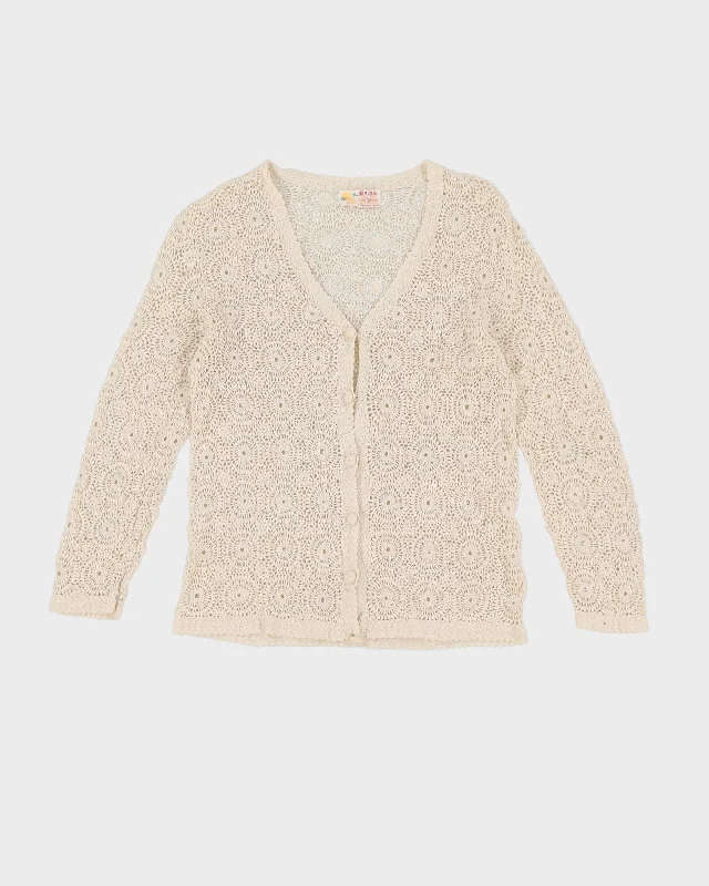 1980s Cream Crocheted Cotton Cardigan - S Fitted Slim Tailored