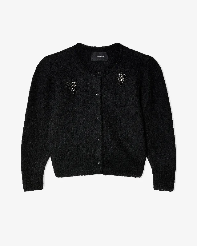 Simone Rocha - Women's Cropped Alpaca Knit Cardigan - (Black Jet) Hooded Cardigan Collared Cardigan Shawl Collar