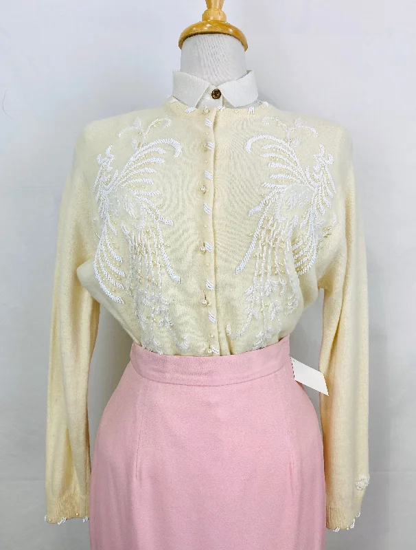 Vintage 1960s Cream Beaded Wool Cardigan, Large Cashmere Blend Cotton Blend Poly Blend