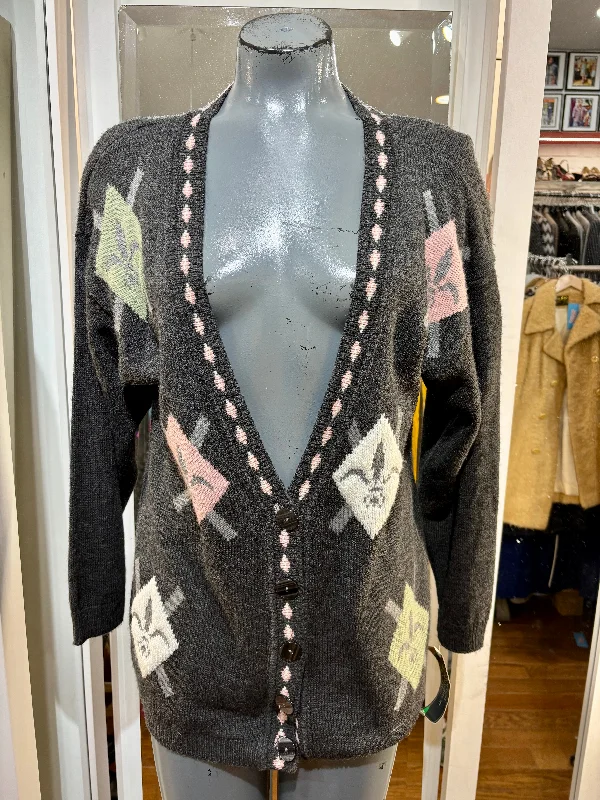 90’s Dark Gray With Multicolor Pastel Print Cardigan By Norton McNaughton Embroidered Appliqued Beaded