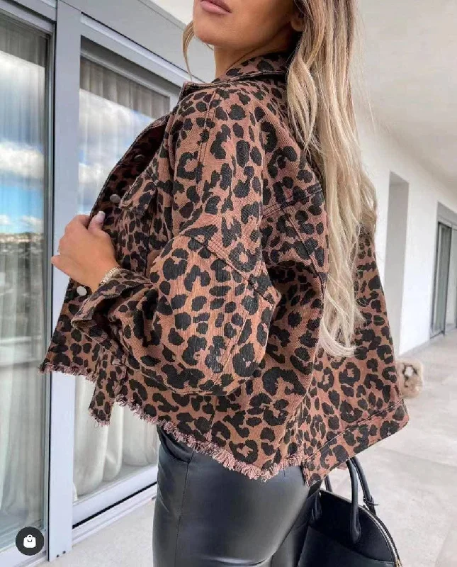 Ladies Long Sleeves Leopard Print Daily Denim Jacket 005266 Wool Fabric Cashmere Fabric Tweed Fabric Wool Fabric Cashmere Fabric Tweed Fabric
