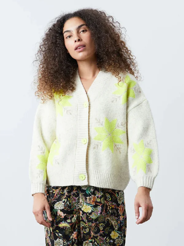 Lolly's Laundry Paisley Cardigan in Cream and Fluro Yellow Tailored Straight A-Line