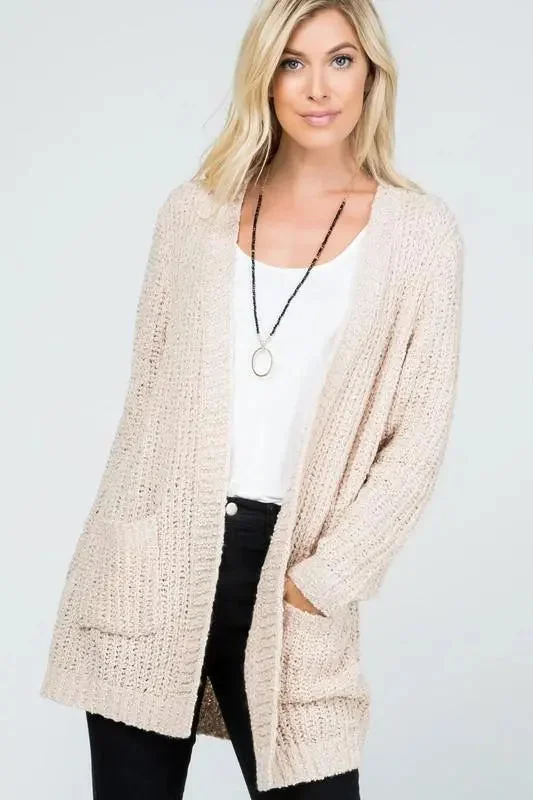 Audrie Loose Knit Classic Open Front Cardigan Notch Collar Peter Pan Collar Cowl Neck