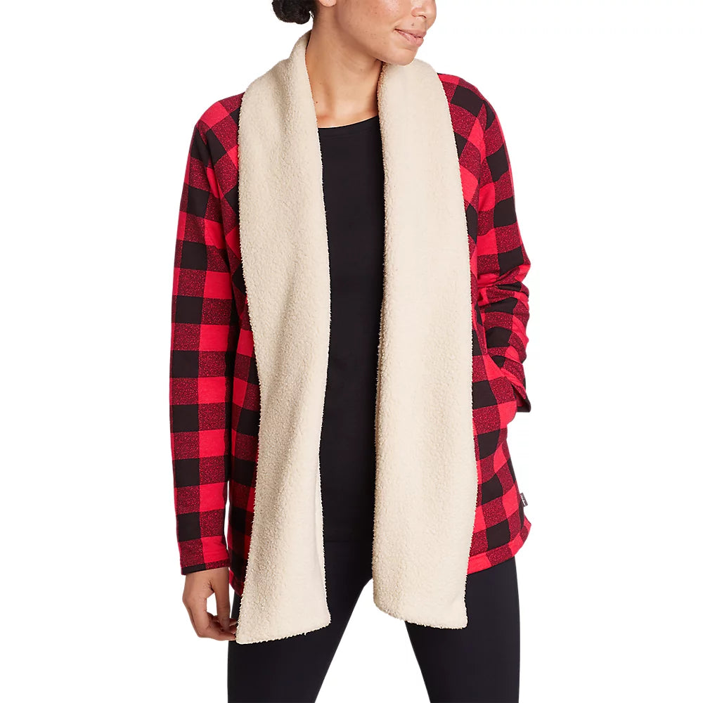 Women's Cabin Fleece Cardigan - Buffalo Check Print Jacquard Patchwork