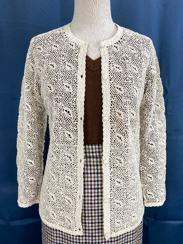 Vintage 1960s Cream Cotton Irish Crochet Lace Cardigan, XS Satin Blend Silk Blend Wool Blend