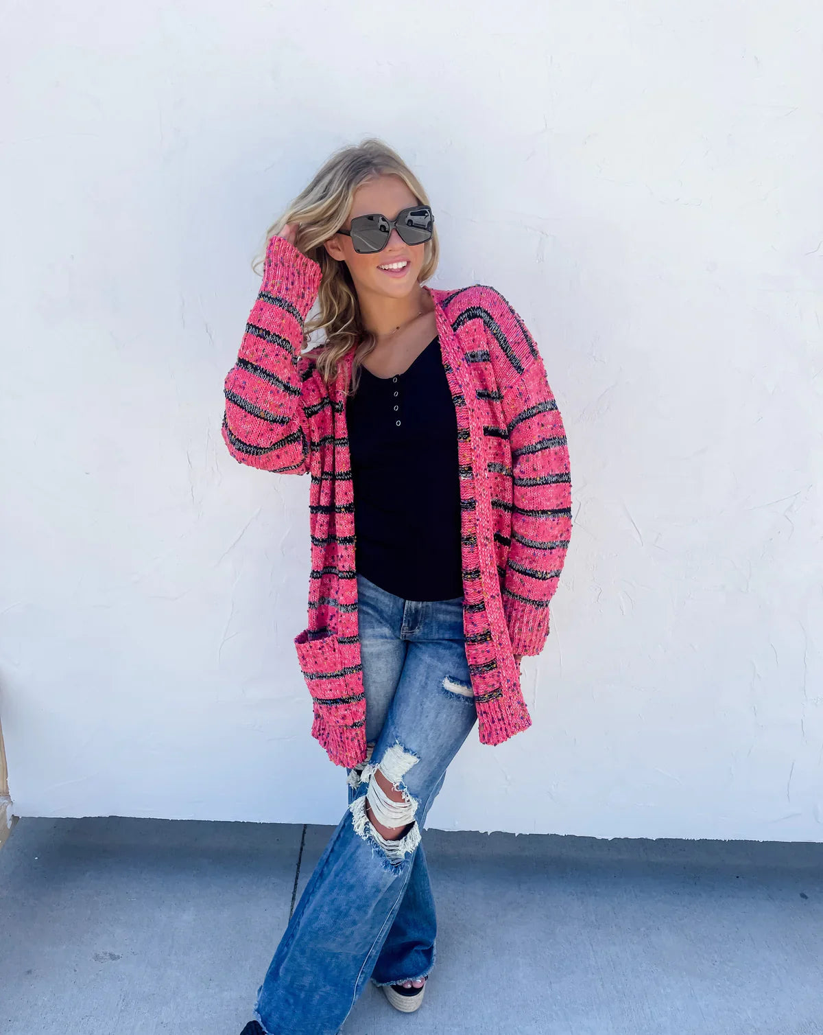 Stripe Miley Dot Cardigan-Pink Boxy Cardigan Fitted Cardigan A-Line