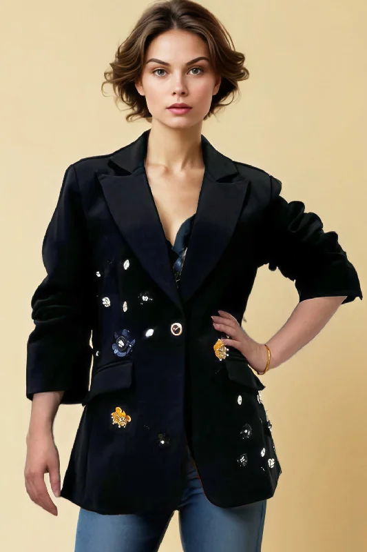 T2505 BLACK 3/4 RUCHED SLEEVE BLAZER JACKET Zippered Front Buttoned Front Snap Front Zippered Front Buttoned Front Snap Front