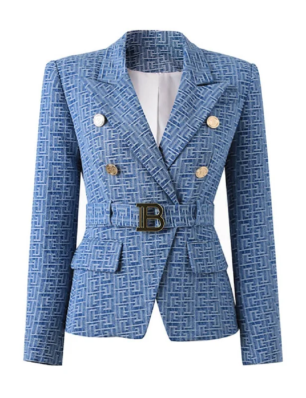 Ladies Lapel Neck Double Breasted Belted Blazer 70901 Spring Women's Coat