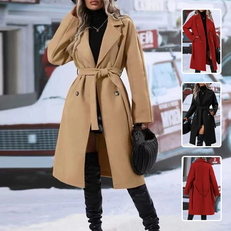 Lapel Double-breasted Trench Coat With Belt Winter Fashion Solid Color Long Jacket Outwear Women Clothing Satin Jacket Silk Jacket Chiffon Jacket