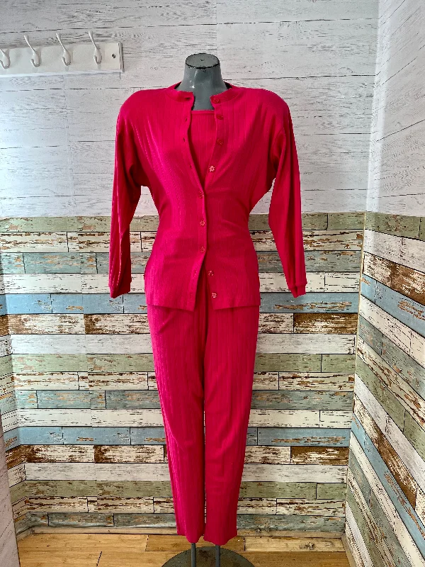 80s Pink Jumpsuit And Cardigan Set Houndstooth Herringbone Solid