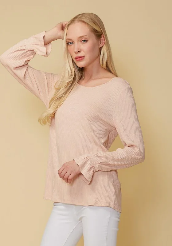Ribbed Knit Top With Gathered Bell Cuff Boat Neck Knit Top