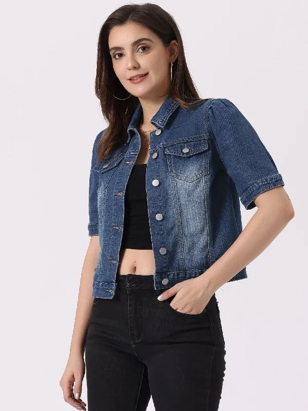 Casual Short Puff Sleeves Button-Down Jean Denim Jacket Trench Coat Raincoat Waterproof Jacket Trench Coat Raincoat Waterproof Jacket