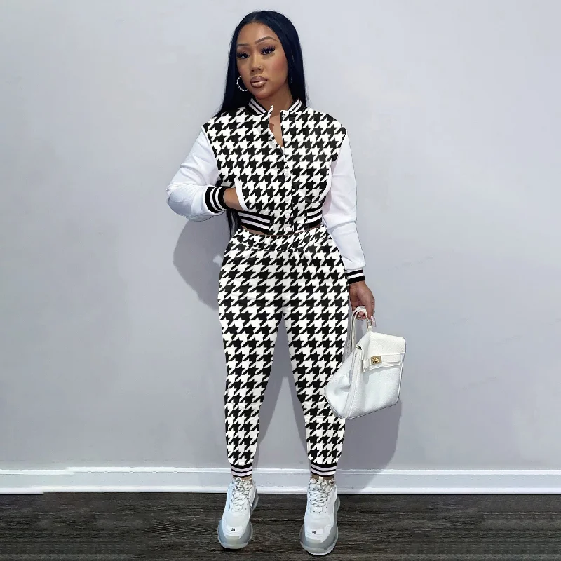 Printed panelled long-sleeved baseball jacket two-piece set（CL12037） Ribbed Jacket Pleated Jacket Ruffled Jacket Ribbed Jacket Pleated Jacket Ruffled Jacket