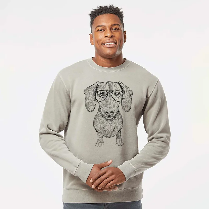 Aviator Ernie the Mini Dachshund - Unisex Pigment Dyed Crew Sweatshirt Hoodie with Sequins Glamorous Eye-catching Hoodie with Sequins Glamorous Eye-catching