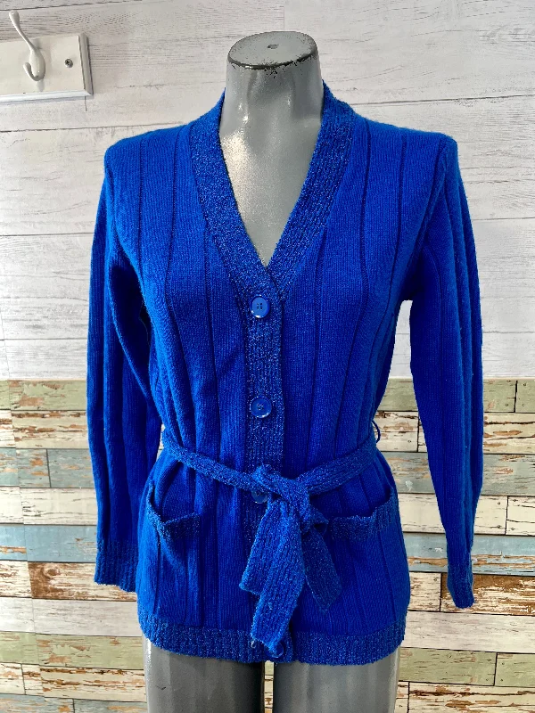 70s Royal Blue Belted Cardigan Lace Blend Ribbed Blend Corduroy Blend