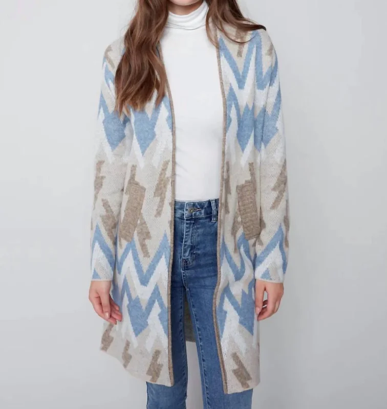 Long Jacquard Knit Cardigan In Denim Lace Blend Ribbed Blend Corduroy Blend