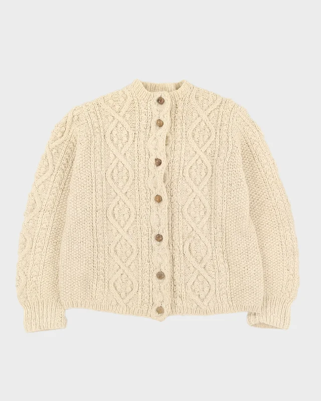 Vintage 1980s Cream Aran Wool Cardigan - L Stretchy Elastic Breathable