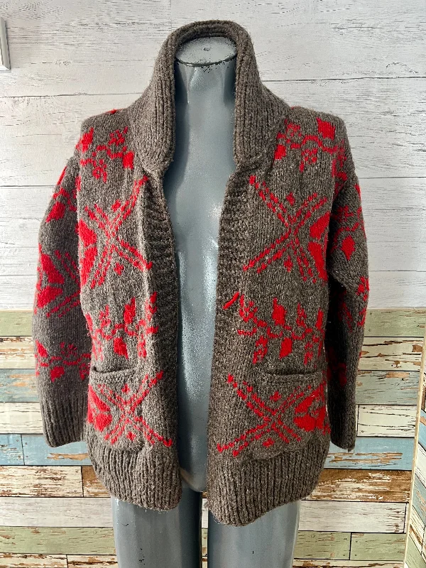 70’s Brown & Red Wool Knit Open Cardigan Ribbed Striped Patterned