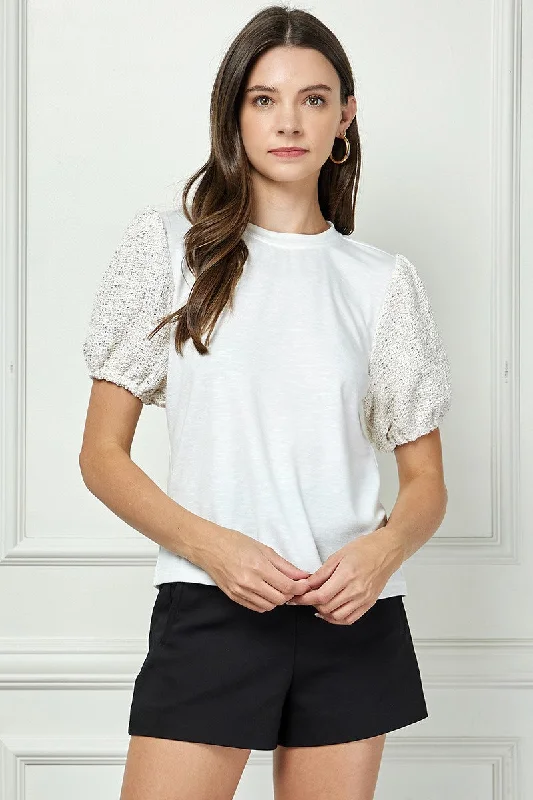 WHITE ROUND NECK SEQUIN PUFF SHORT SLEEVES DETAILED KNIT TOP AVT51169K Sophisticated Knit Shirt