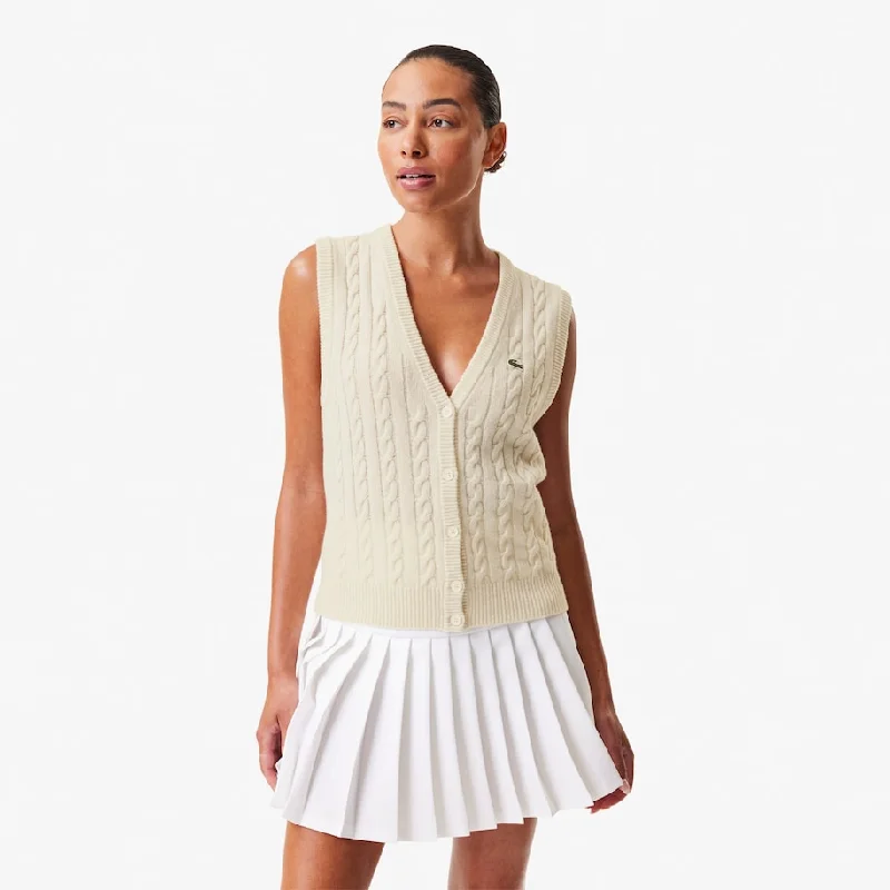 Women's Lacoste x Bandier Sleeveless Cashmere Cardigan White Plaid Cardigan Polka Dot Checkered