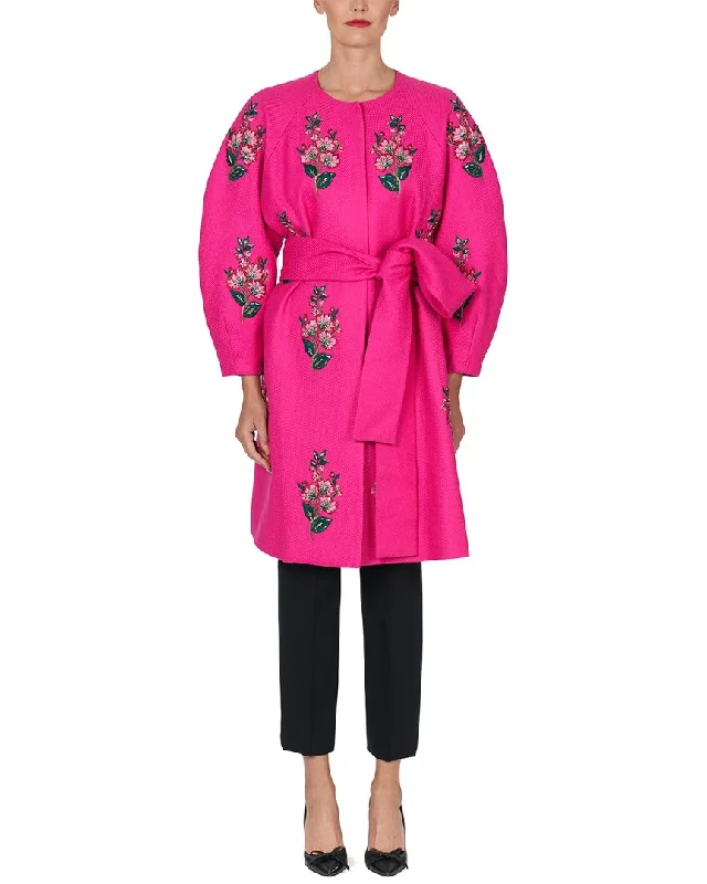 Carolina Herrera Embellished Collarless Silk-Trim Wool A-Line Coat Pockets Sleeves Lining