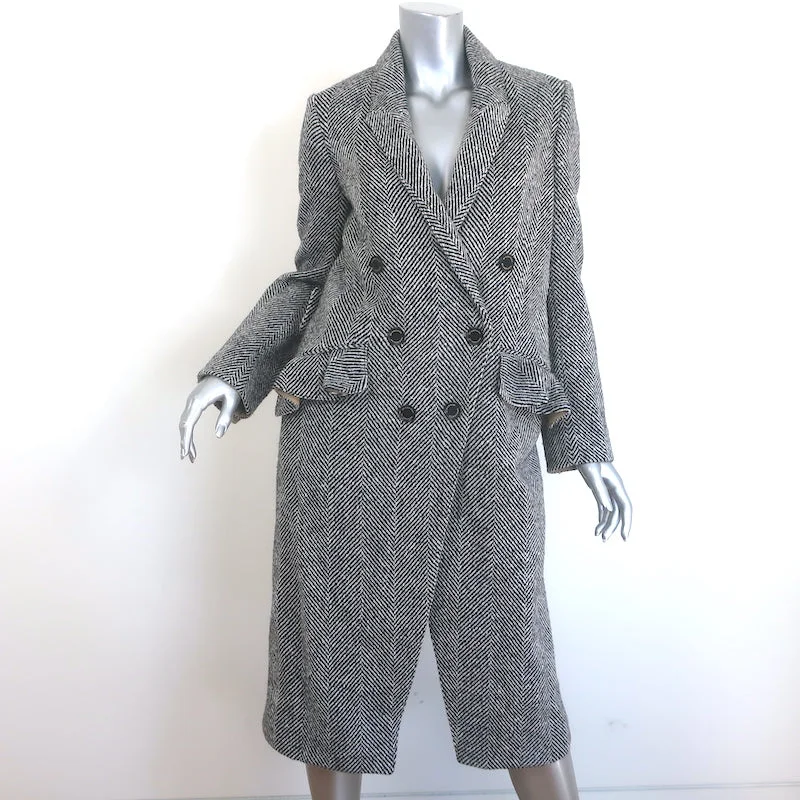 Burberry Donegal Herringbone Tweed Double Breasted Coat Black/White Size US 4 Square Neck One-Shoulder Off-the-Shoulder